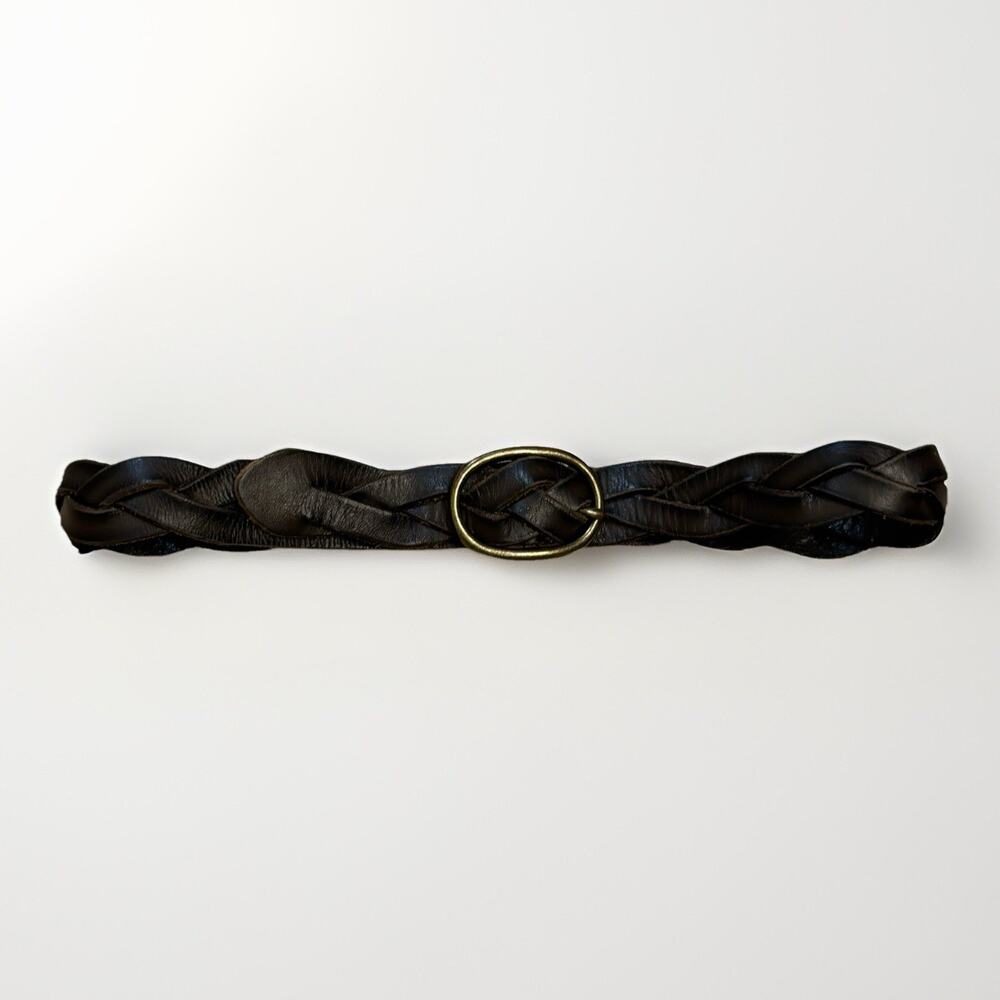 Gap Thick Leather Braided Belt Womens Small Dark Brown Brass Buckle Y2K